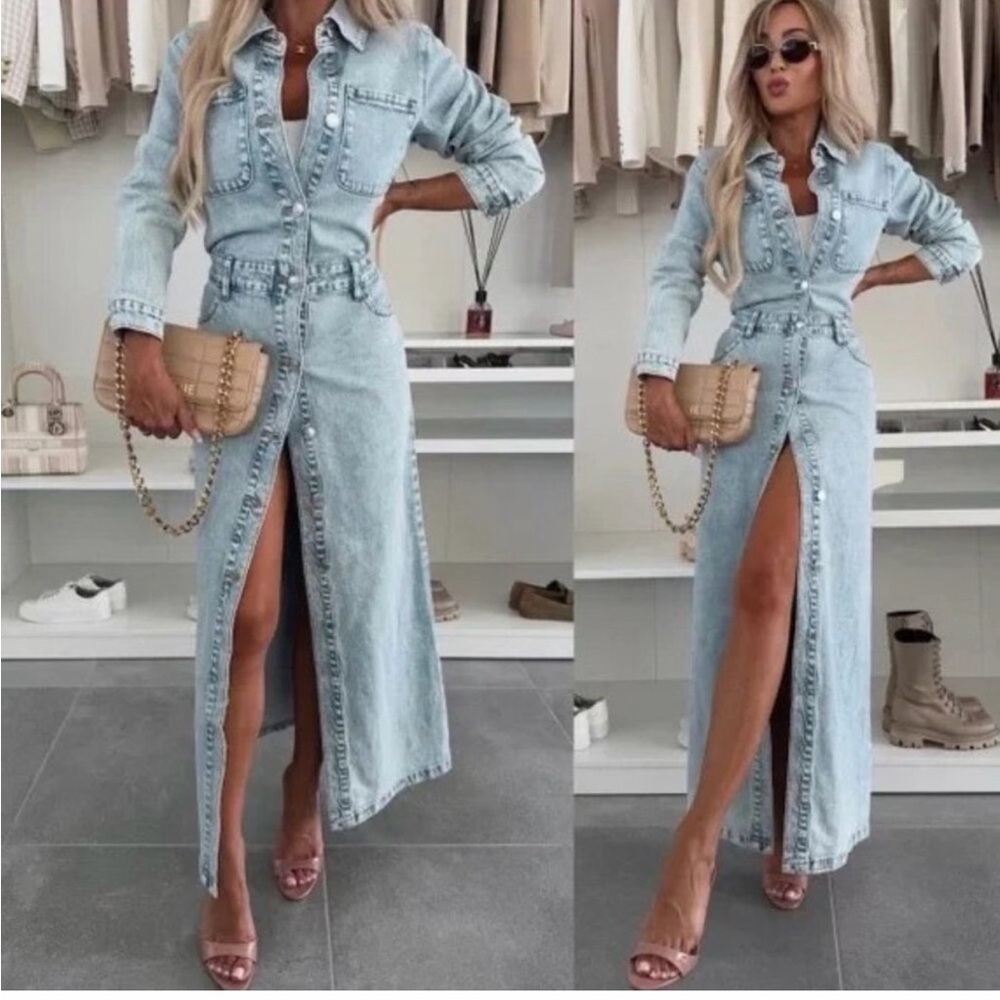 Zara Light Blue Button-Down Midi Dress Medium - Picture 2 of 9